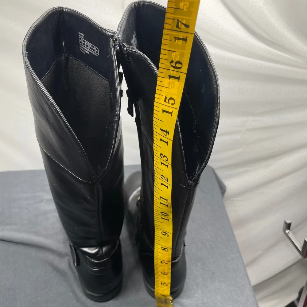 Michael Kors Women Riding Boot Black Faux Leather 5 Rivera Gold Hardware